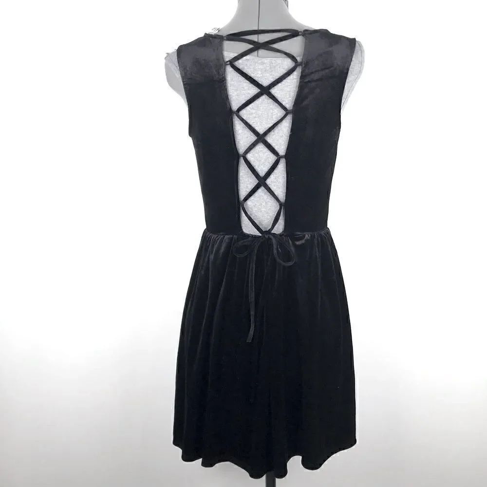 Charlotte Russe Y2K Black Velveteen Sleeveless Stretch Dress Bodice Back NEW